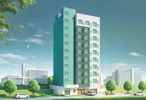 an office building in a green environment,residential tower,appartment building,multistorey,residencial,high-rise building,edificio