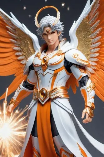 male angel, wings, full body, intricate, detailed, digital painting, art station, 3D, orange wings with white glitter, large detailed wings, clear eyes and deep gaze, beautiful and perfectly detailed 