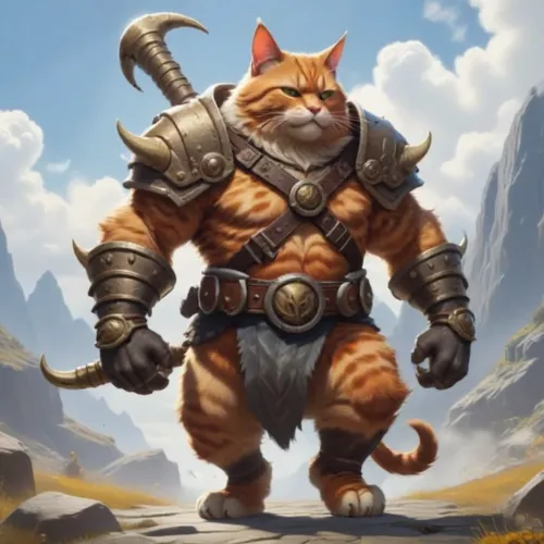 Cloud movement ,a painting of a cat with some kind of costume,cat warrior,garrison,tiger cat,cartoon cat,orange tabby cat,orange tabby