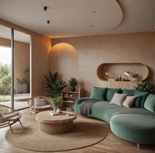 a living room with wood floors and a round couch,luxury home interior,modern living room,interior modern design,modern minimalist lounge,living room,livingroom,Photography,General,Realistic