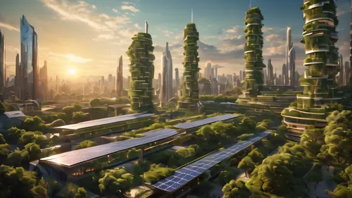 solar punk BIOPHILIC city style,futuristic landscape,solar cell base,terraforming,futuristic architecture,utopian,metropolis,sky space concept,smart city,urban development,ancient city,skyscraper town