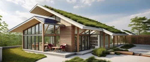 a glass house with grass on the roof,grass roof,danish house,inverted cottage,smart house,timber house,heat pumps