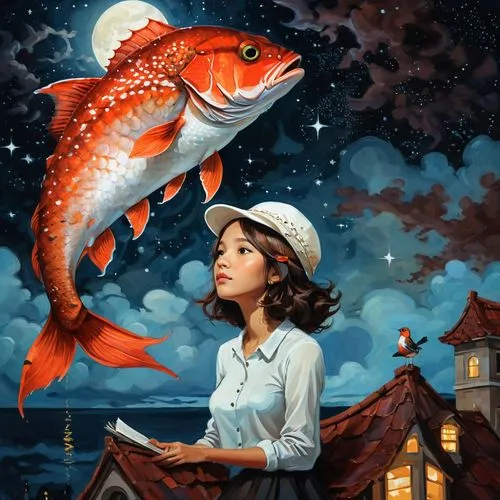 A detailed digital illustration of a great red fish in the night sky. The focal point is the large brown scales of the fish, with the human hand on the roof and the woman who wears a white hat sitting