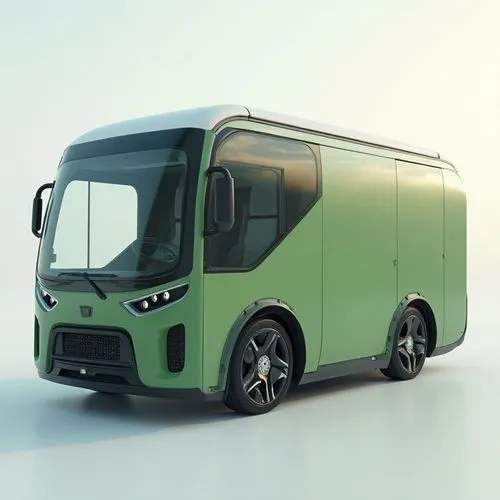 An eco-friendly, solar-powered delivery bus for long businesses. The body is compact yet spacious, designed to carry packages in urban environments, a finished in a calming green with white solar pane