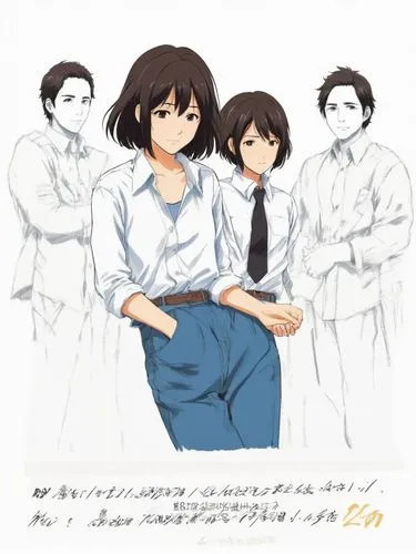 女生，棕黑色头发，衬衫，白色背景，卡通，日本漫画，动漫，插画，扁平化风格，矢量插画，简洁的线条，新海诚风格,an anime image of four people with ties on,hosoda,gosho,urabe,nodame,kyon,haruhi,Illustration,Japanese style,Japanese Style 06