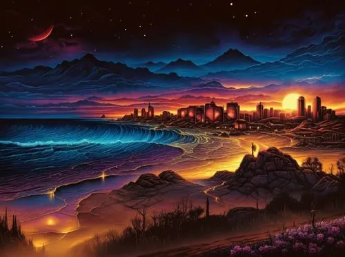 a beautiful landscape painting of city buildings at sunset,fantasy landscape,futuristic landscape,purple landscape,volcanic landscape,landscape background,alien planet,fantasy picture,fantasy art,alie