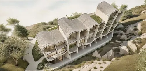 a rendering of the house in a desert type setting,cube stilt houses,hanging houses,render,dunes house,futuristic architecture,model house,renders,ski resort,roof landscape,concrete plant,building vall