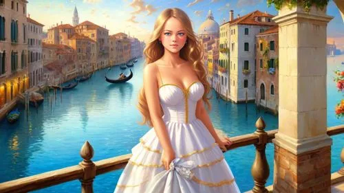 Romantic masterpiece oil painting, cute girl portrait, nostalgic 1950's style kitsch, traditional woman, tradwife, beautiful European cityscape, epic vast kingdom scenery, Venice Italian scenery, by T