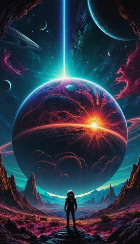 by dan mumford, alien world, deeply vibrant world, centered, symmetry, painted, intricate, sci fi, volumetric lighting, beautiful, rich deep colors masterpiece, sharp focus, ultra detailed, astrophoto