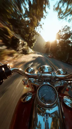 Harley-Davidson Heritage Classic 114. Classic [Red] 4K high-resolution surreal first-person perspective of a motorcyclist, with the rider's analog speedometer clearly visible as his gloved hands grip 