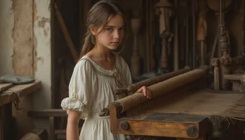 девушка 12 века в простом платье  у ткацкого станка ,a small girl in a dress standing near a table with an antique hand loom,girl in a long dress,girl on the stairs,girl in a historic way,shipka,young