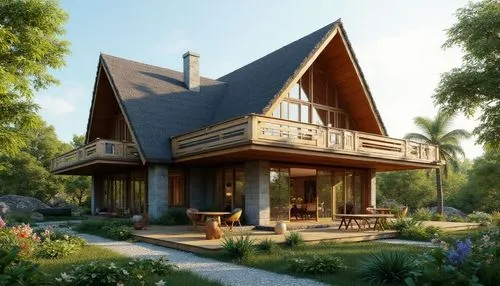 A beautiful one-story modern tropical house with a steep pointed roof, elegant wooden balcony, large glass windows, spacious veranda, natural stone walls, surrounded by lush green garden and colorful 