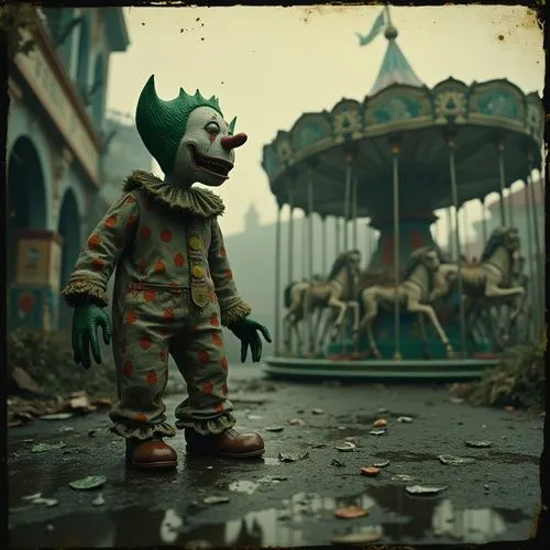 A hauntingly beautiful image of a dark carnival with twisted, almost nightmarish elements. There's a giant, terrifying clown with a green head and a red nose. In the background, there's a carousel wit
