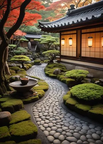 Takamatsu architecture, Japanese traditional style, ornate roof tiles, curved lines, wooden structure, sliding doors, paper lanterns, stone walls, moss-covered foundation, serene garden, bonsai trees,