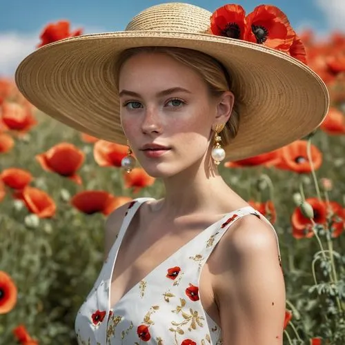 /imagine Photorealistic portrait of a young woman with freckles and light blonde hair in a loose bun, wearing a large straw hat with red poppies, and gold leaf earrings with pearl accents. She's weari