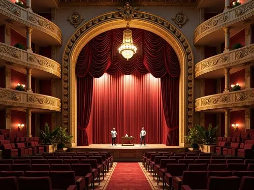 Grandiose theater facade, ornate Baroque details, curved lines, dramatic arches, majestic columns, golden accents, rich velvet curtains, lavish chandeliers, intricate moldings, soft warm lighting, mis
