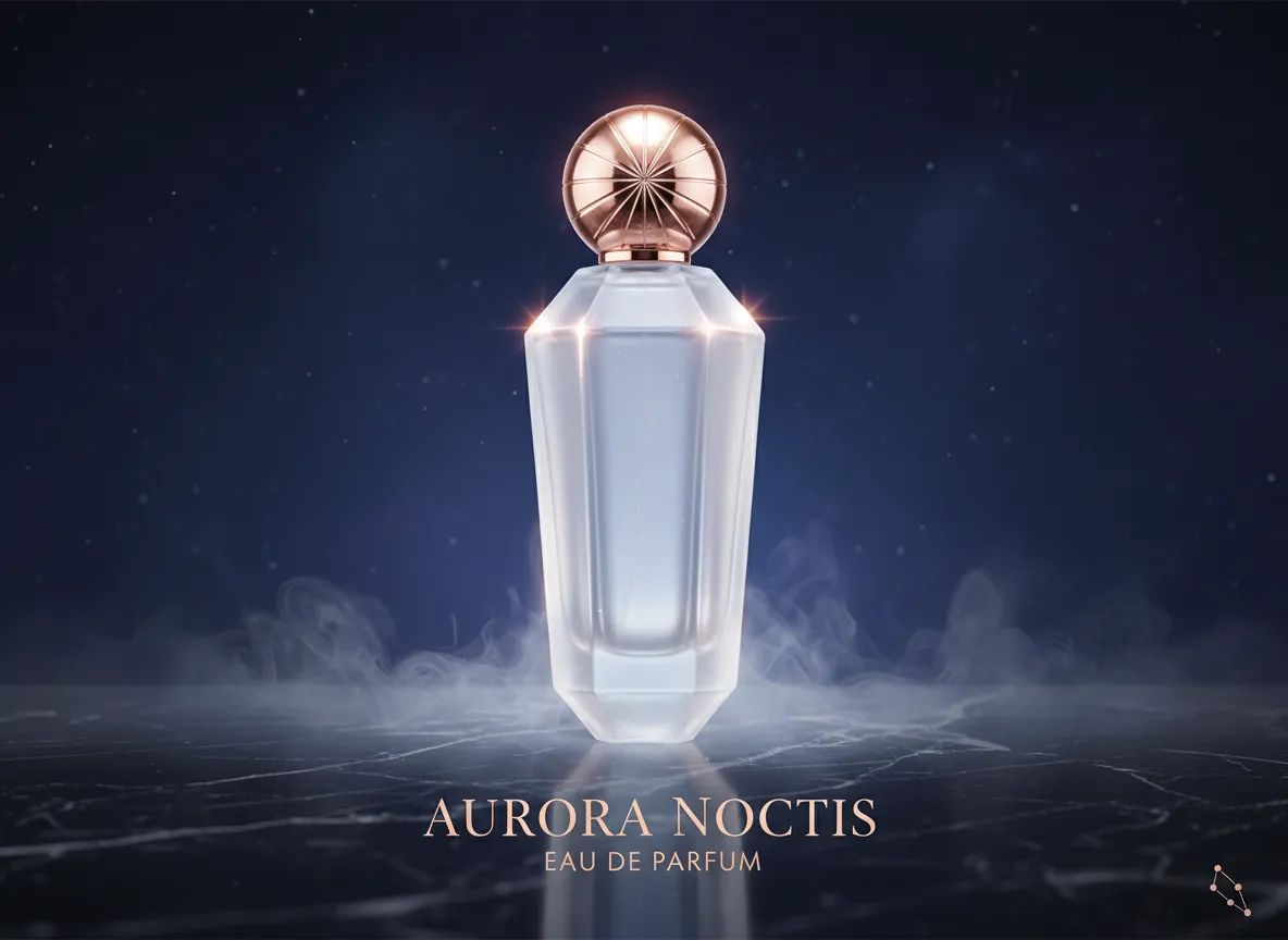 एक लक्ज़री परफ्यूम के लिए एक पेशेवर उत्पाद पोस्टर, जिसमें एक AI-जनित बोतल है जिसमें एक आदर्श फ्रॉस्टेड ग्लास प्रभाव और नरम हाइलाइट्स हैं।