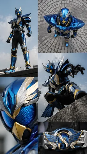 Kamen Rider with a blue hawk theme and styling,   ,some very big statues in a bunch of different angles,sigma,sky hawk claw,dark blue and gold,carbide,dragoon,slipstream,armored,repaints,cobalt,armors