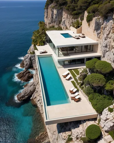 An aerial view of the sea and rocky cliffs in texture, overlooking an infinity pool with bronze furniture and limestone walls designed in the style of Alvaro Siza on top of the cliff. The house is mad