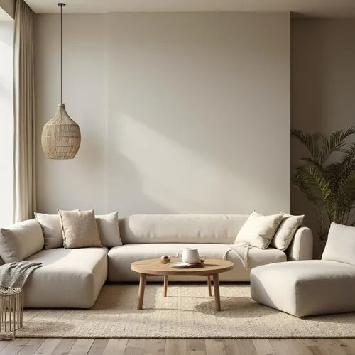 Imagem de um cenário védico minimalista  uma sala de estar ,a living room has a large white couch,modern minimalist lounge,sofa set,danish furniture,soft furniture,contemporary decor,sofas