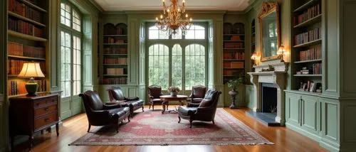 A refined and traditional indoor space, featuring an expansive bookshelf painted in soft sage green, perfectly harmonized with warm wooden floors. The design incorporates classic details like arched w