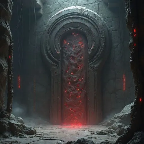 KAI (Scene: Entrance to the Inner Sanctum)
Background/Setting:
Le fond montre une grande porte biomécanique, massive et imposante. La porte est faite d’un métal organique, mais avec des veines visible