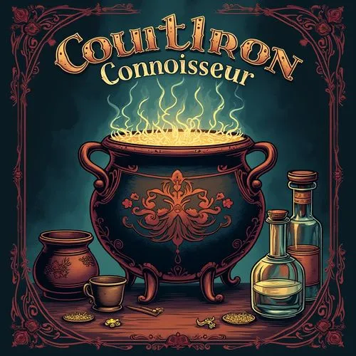 A dark yet vibrant vintage-style illustration featuring a beautifully ornate cauldron filled with mysterious and bubbling potions. Steam rises from the cauldron, revealing the intricate designs etched