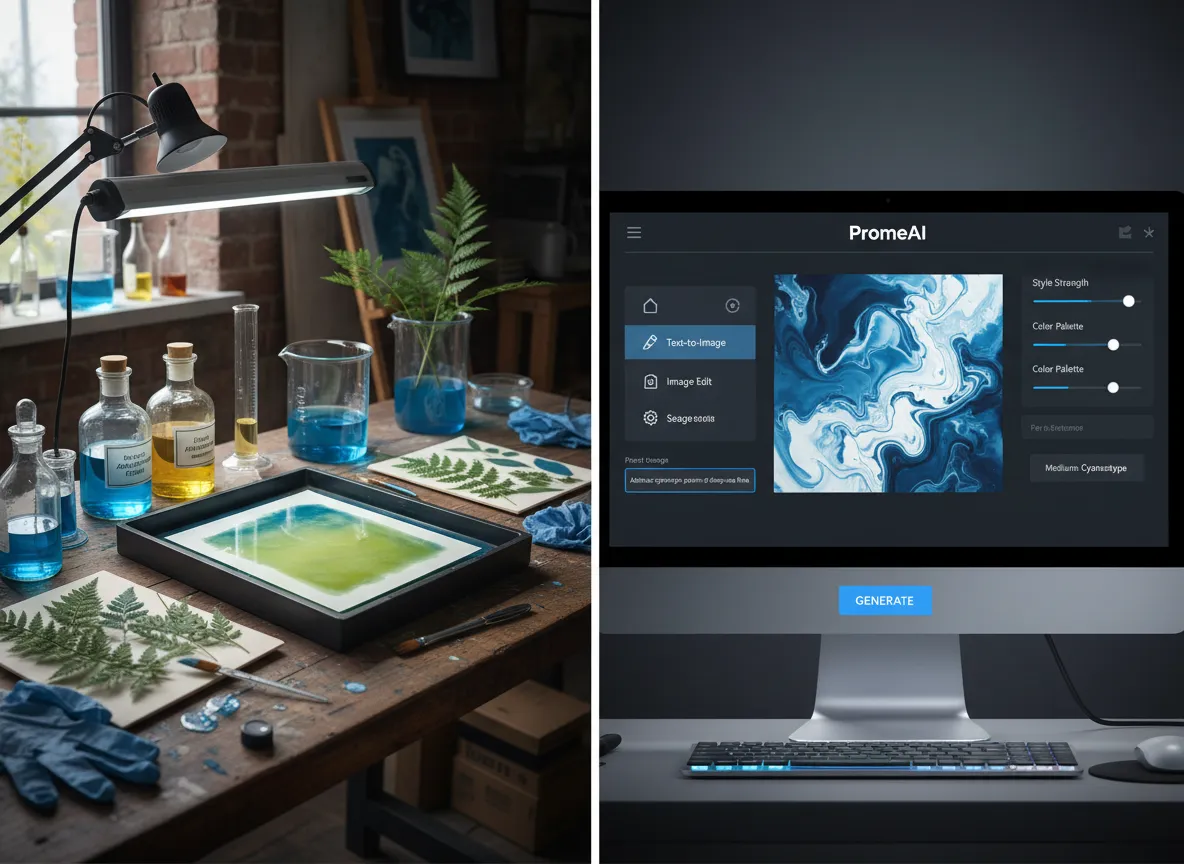 Confronto fianco a fianco che mostra un setup reale per la cianotipia con prodotti chimici e carta accanto all'interfaccia utente pulita e semplice di PromeAI.