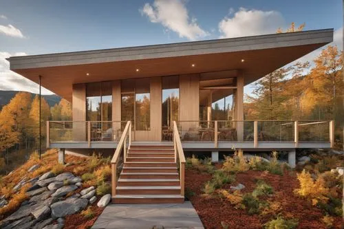 house design mountain,dunes house,timber house,corten steel,eco-construction,visitor center,cubic house,eco hotel,modern architecture,outdoor structure,folding roof,summer house,modern house,mid centu