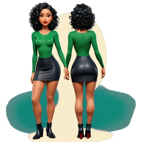 Create only high resolution images, pixar 3d, 4k, character sheet style, like a paper doll, A pose style. She should be wearing a black tube skirt in sensual, transparent lace and a tight navy blue t-