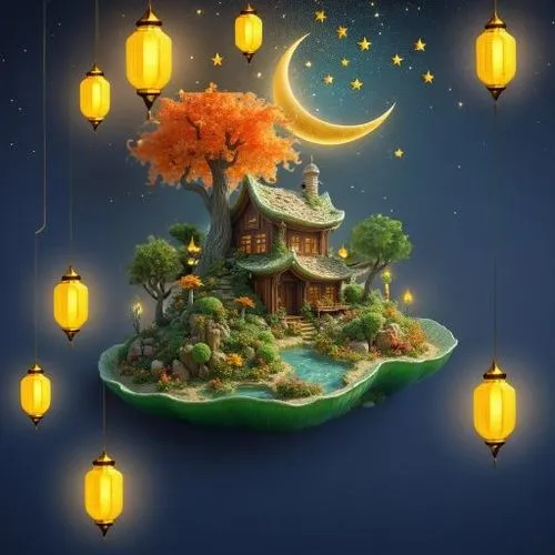 Ornate golden crescent moon, detailed with diamond-like patterns, hanging amidst glowing lanterns.  Stars and clouds in a similar golden style complete the celestial design.  Dark navy blue background