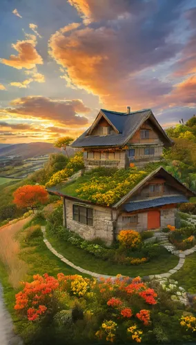 Studio Ghibli's picturesque rural landscape at sunset features a cozy wooden house with a sloping roof in the middle of a green, flower-filled meadow. The small cabin is located in the center of the i