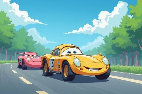 random cartoon scene,racing cars,cars on the road going each other in cars and a princess,cartoon car,muscle car cartoon,roadsters,open road,car race,racing road