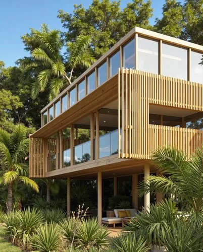 A tropical retreat with a modern architectural design. The house is elevated on stilts and surrounded by lush palm trees. Wood and glass dominate the structure, featuring open, airy spaces and slatted