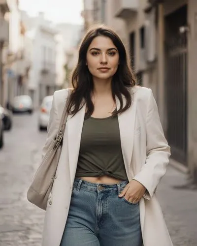 eine 23 jährige hübsche molligen griechin in landestypischer Freizeitkleidung in einer mittelgroßen stadt in griechenland. komplett angezogen,a young woman standing in an alley with cars in the backgr