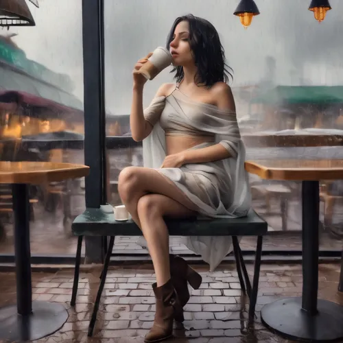 woman at cafe,woman drinking coffee,rainy day,in the rain,world digital painting,smoking girl,rainy,digital painting,cigarette girl,girl smoke cigarette,parisian coffee,watercolor cafe,romantic portra