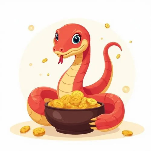 red snake,Ultra HD image of a vibrant cartoon snake with vector design holding a bowl filled with gold coins, symbolising wealth and prosperity. The snake is in a rich red colour with yellow and white