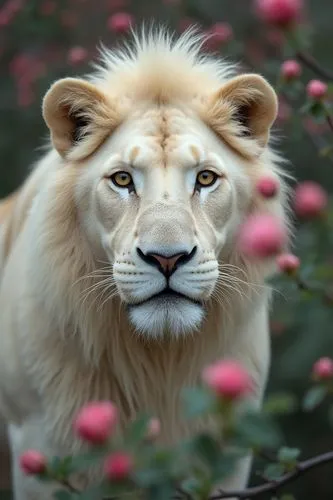 A portrait of a white male lion, framed by pink blossoms and green leaves. The lion's piercing amber eyes lock with the viewer's, creating a sense of intimacy. The background is slightly blurred, draw