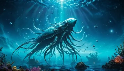 Océano azul. Desconocidos organismos alargados y alienígenas de las profundidades marinas brillan en el agua. Constelación de Orión.,a large creature floating in the water with an underwater look,unde
