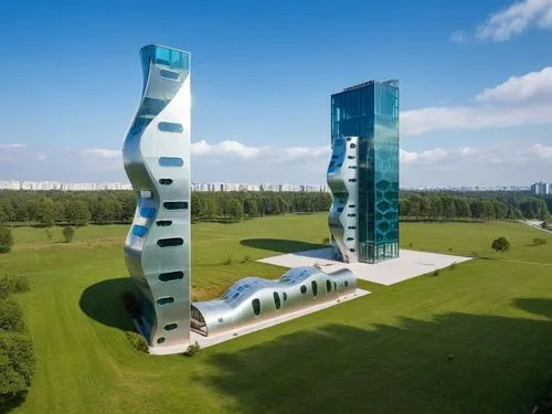Edificios arquitectónicas modernas de formas orgánicas en un campo minimalista de arboles (Bosque) césped verde, plazs y calles bajo un cielo azul con nubes. Los edificios son blancos con ventanales c