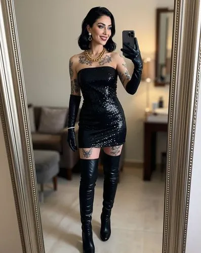 "Phone photo: A realistic selfie of a slim woman with very pale skin, standing in front of a mirror. Her body is slightly turned towards the camera as she holds an iPhone to capture her outfit for an