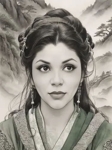 a portrait of a woman with long hair and chinese dress,margairaz,xiaojian,nitaya,yuanpei,diaochan,zhaowen