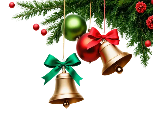 Christmas bells, golden decorations, red and green ornaments, shiny surface, intricate details, hanging from above, festive atmosphere, soft warm lighting, blurred background, 3/4 composition, macro s