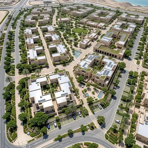 "Develop an aerial view urban plan emphasizing courtyard houses for construction in the Middle East. Design the layout with a focus on pedestrian-friendly elements, clearly delineating sidewalks and i