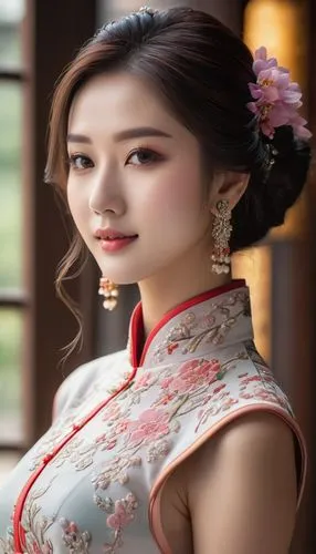 一个女孩
典雅古韵，长发飘逸，温柔笑容

旗袍装束，曼妙身姿，东方韵味

清新脱俗，淡雅妆容，秀外慧中

自然光下，肌肤如雪，柔和光影,an oriental girl wearing a traditional chinese costume,diaochan,hanbok,jingqian,hanfu,cheongsam,xiaojian,Photography,General,Natural