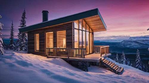 christmas warm architecture minimalist cabin in top of a mountain aurora boreal timelapse, high quality, 8k