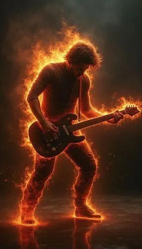 realistic guitarist plays with a burning guitar,there is a male playing an electric guitar,guitar solo,fire background,guitar player,fire artist,electric guitar,fire dance