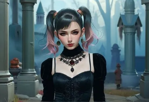 an animated picture of a girl with pink hair,vampire lady,goth woman,fairy tale character,vampire woman,fantasy portrait,belladonna,fantasy picture,goth,black queen,dead bride,fantasy art,fantasy girl