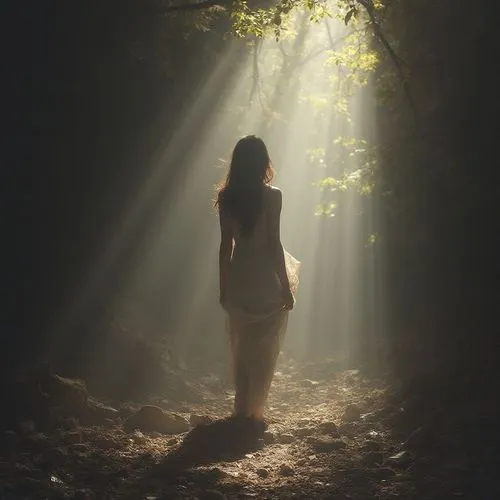 cling to the shadows of nothingness ,the woman standing in the dark is walking alone,mystical portrait of a girl,guiding light,faerie,light bearer,inner light,faery,nightdress,the mystical path,enchan