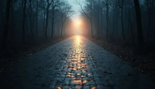 A symbolic path with glowing light guiding the way forward, as if led by divine presence. Cinematic perspective, artistic realism.,a very nice view of a very empty road at night,the mystical path,fore